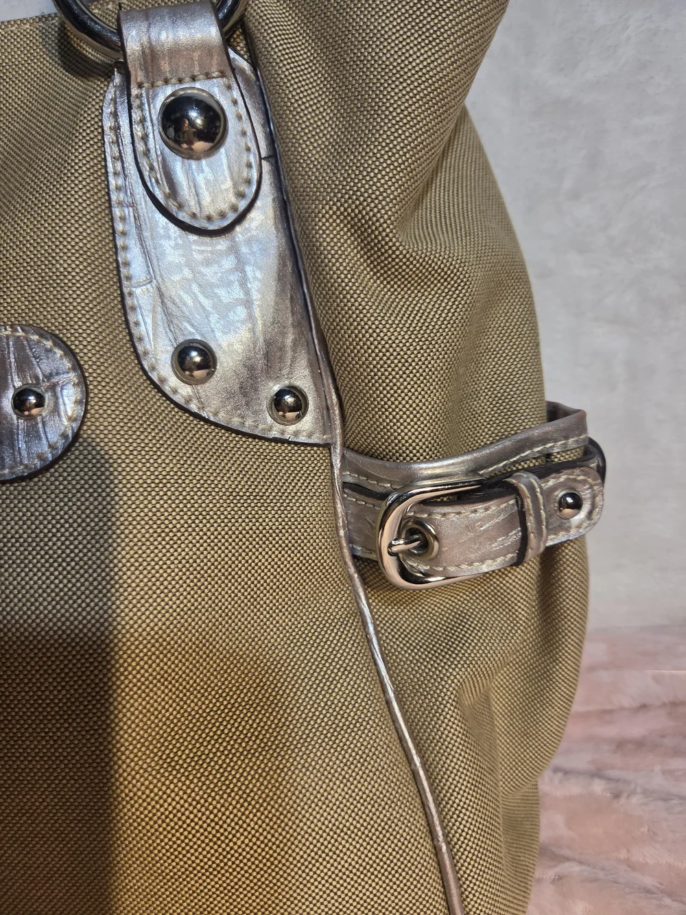 Canvas Tote Bag in Beige with Silver Accents